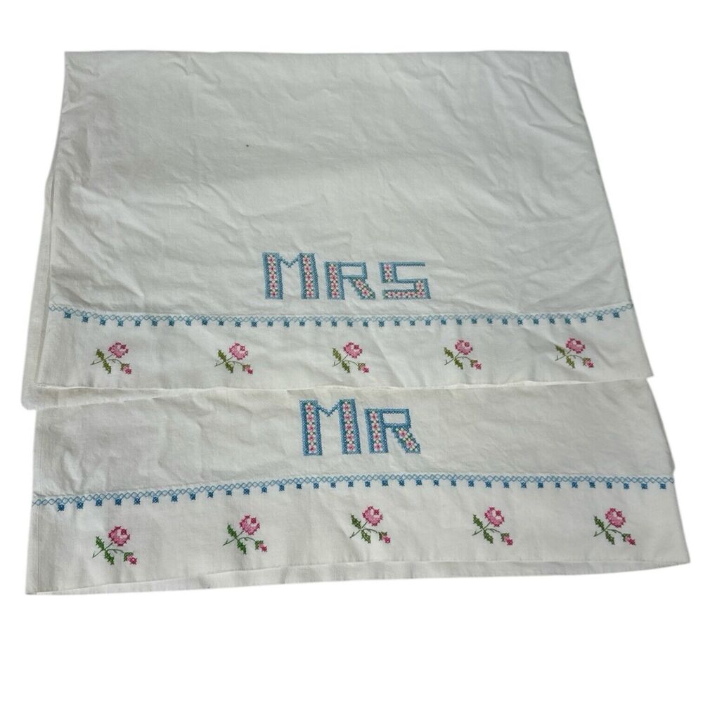 VTG Mr And Mrs Shabby Country Cottage Chic Embroidered Pillowcase Set 20x29